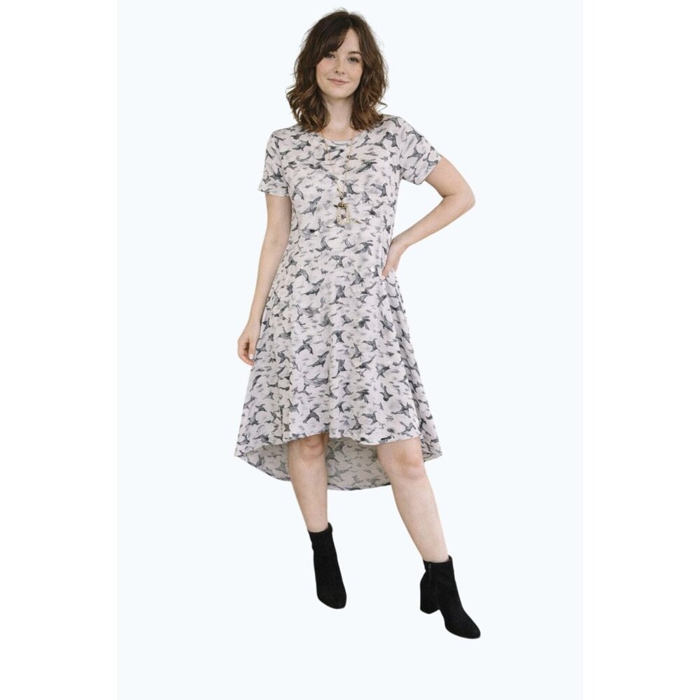 LuLaRoe Carly Swing Gray & Black Bird Print High-Low Dress Lightweight Small